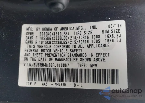 2015 Honda Cr-V Lx z USA, uszkodzony, nr VIN 5J6RM4H36FL116967